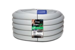 A coiled, drainage pipe labelled "Vinidex Draincoil" SN8 CL400 with Filtersockions-products/